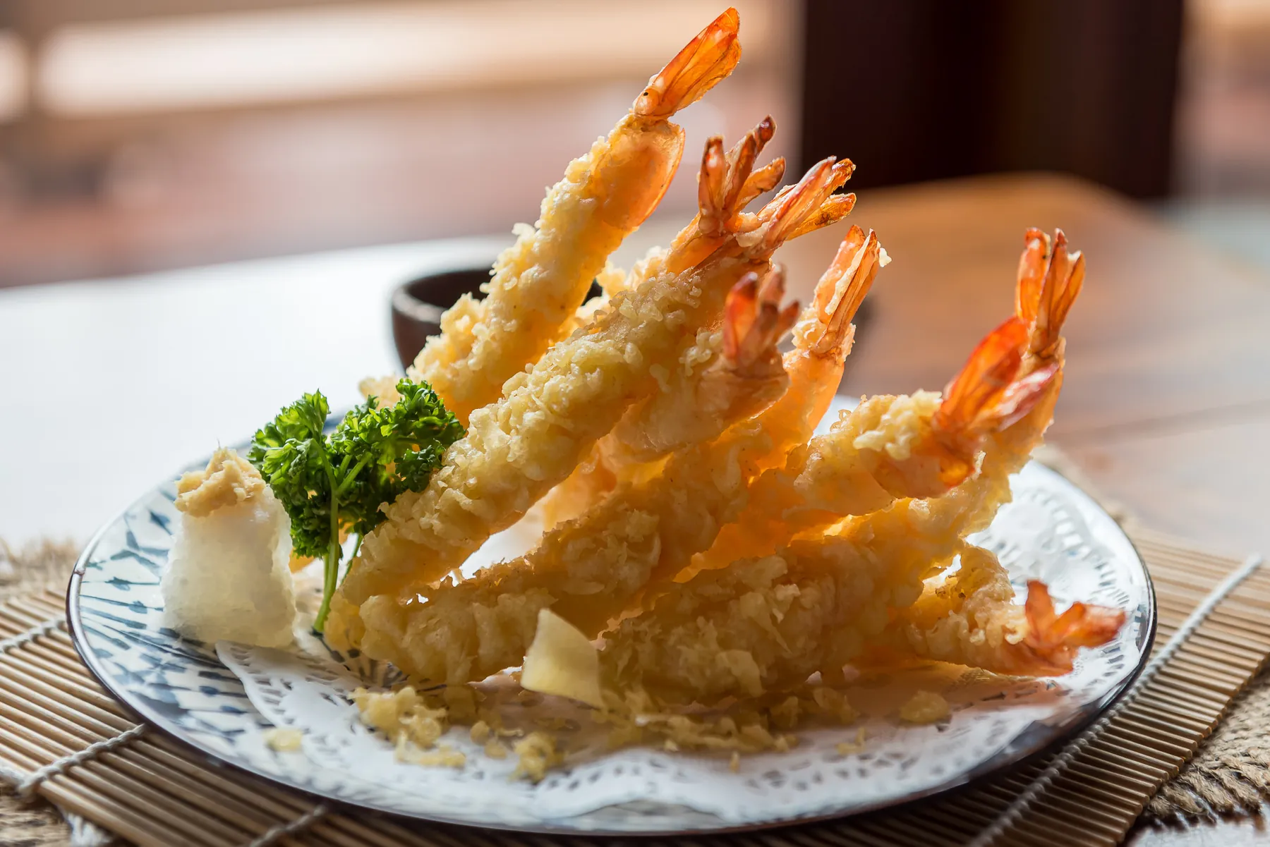 Crisp Japanese shrimp tempura with broccoli
